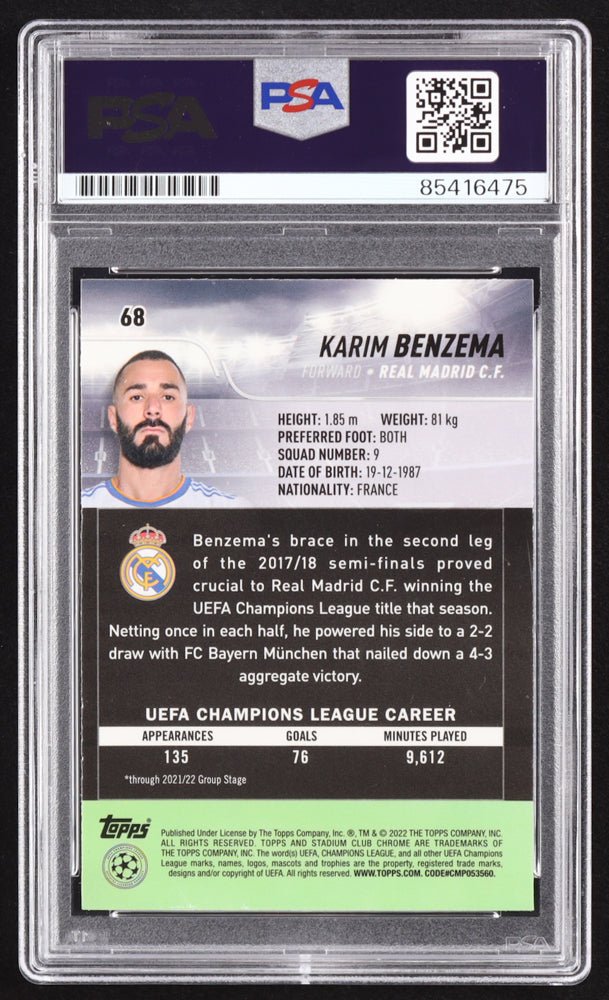Karim Benzema Signed 2021-22 Stadium Club Chrome UEFA Champions League #68 (PSA)