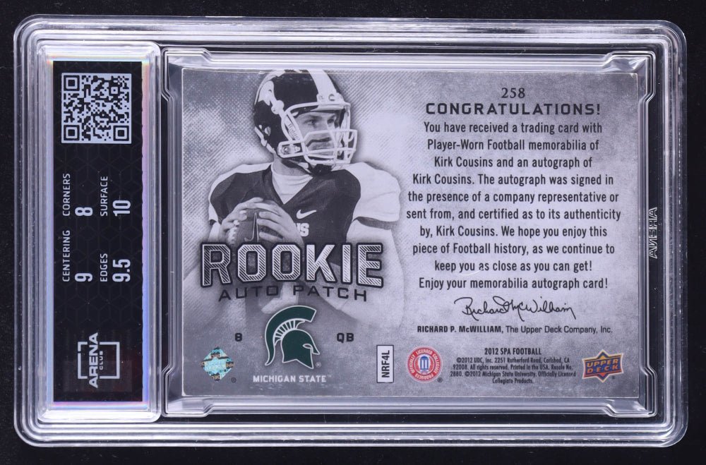 Kirk Cousins Signed 2012 SP Authentic #258 Jersey Autograph #071/885 RC (Arena Club 8.5) Autograph Graded 10 | Rookie Card | Serially Numbered #071 / 885