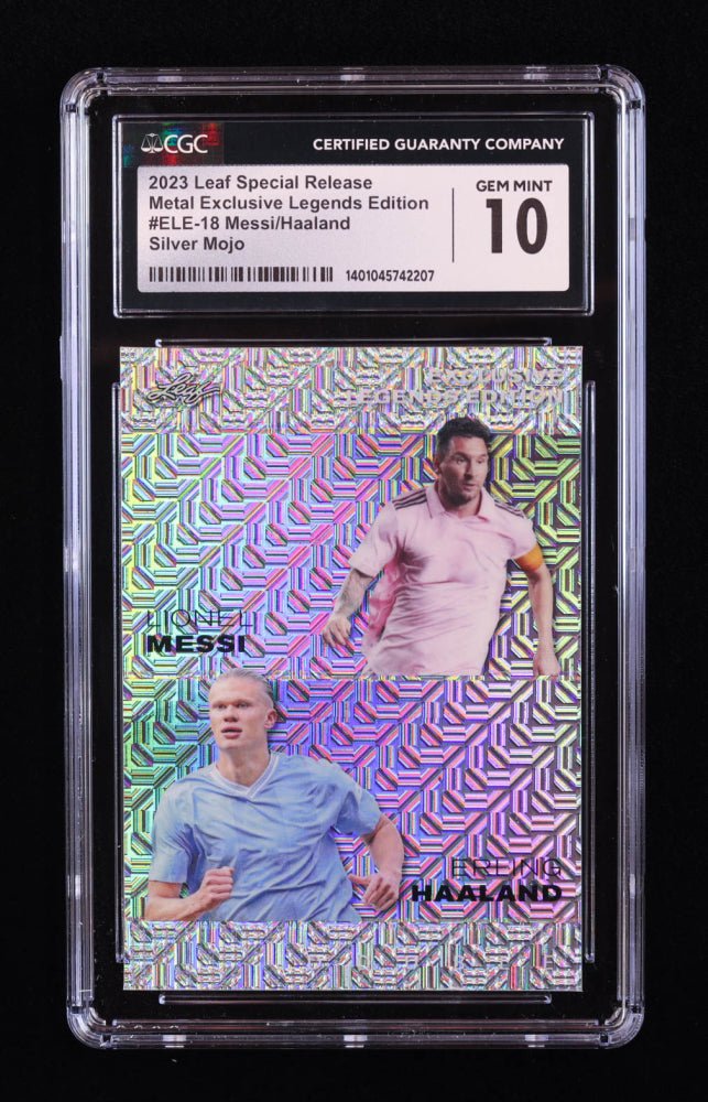 Lionel Messi / Erling Haaland 2023 Leaf Metal Special Release Exclusive Legends Edition Mojo Silver #ELE18 #14/25 (CGC 10) Serially Numbered #14 / 25