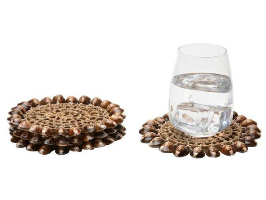 Bondi, Natural Cowrie Shell/Brown Pandan Leaf Round Coasters, Set Of 4