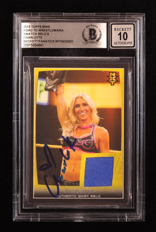 Charlotte Flair Signed 2015 Topps WWE Road to WrestleMania Swatch Relics #NNO (BGS | Auto 10)