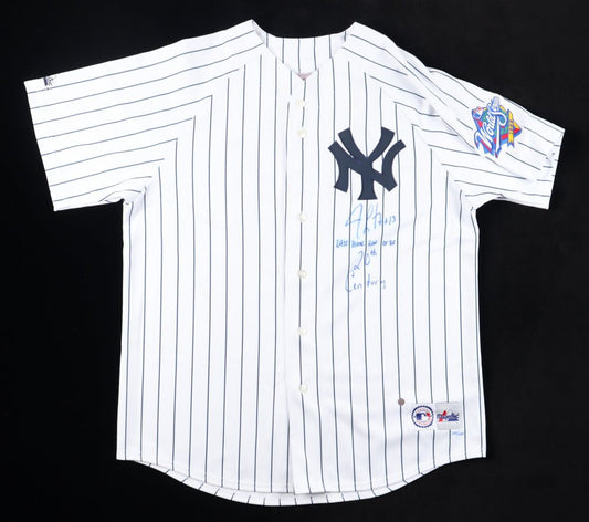 Jim Leyritz Signed Yankees Jersey With 1999 World Series Patch Inscribed "Last Home Run Of The 20th Century" (PSA & Goldin)