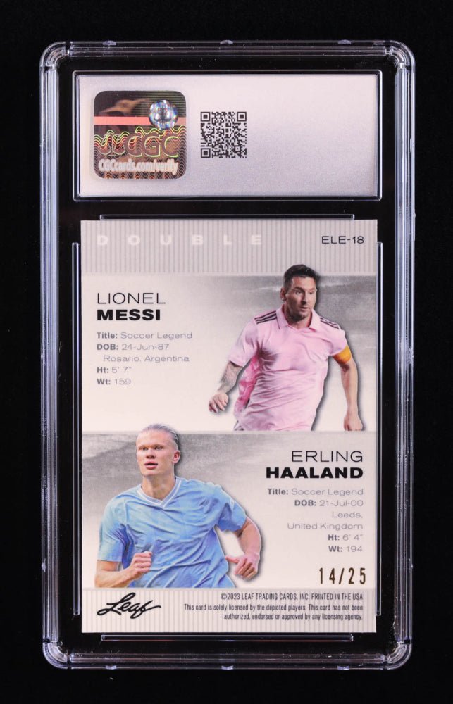 Lionel Messi / Erling Haaland 2023 Leaf Metal Special Release Exclusive Legends Edition Mojo Silver #ELE18 #14/25 (CGC 10) Serially Numbered #14 / 25