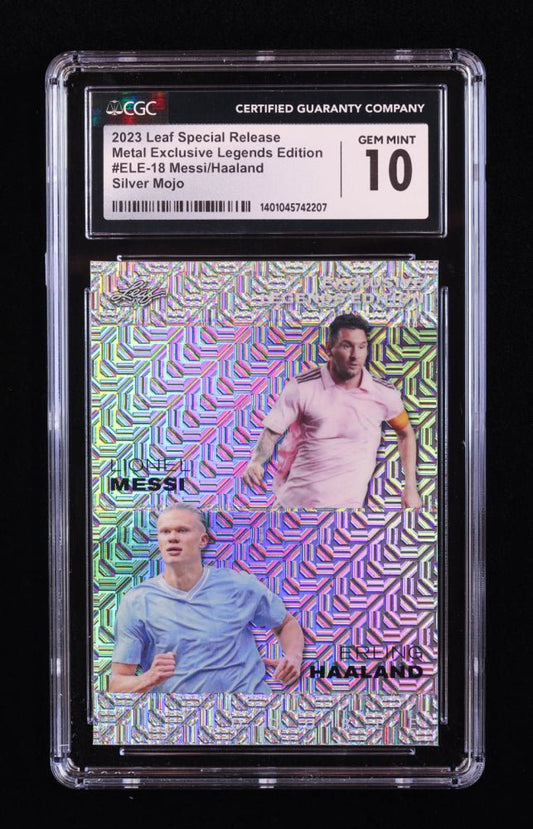 Lionel Messi / Erling Haaland 2023 Leaf Metal Special Release Exclusive Legends Edition Mojo Silver #ELE18 #14/25 (CGC 10) Serially Numbered #14 / 25