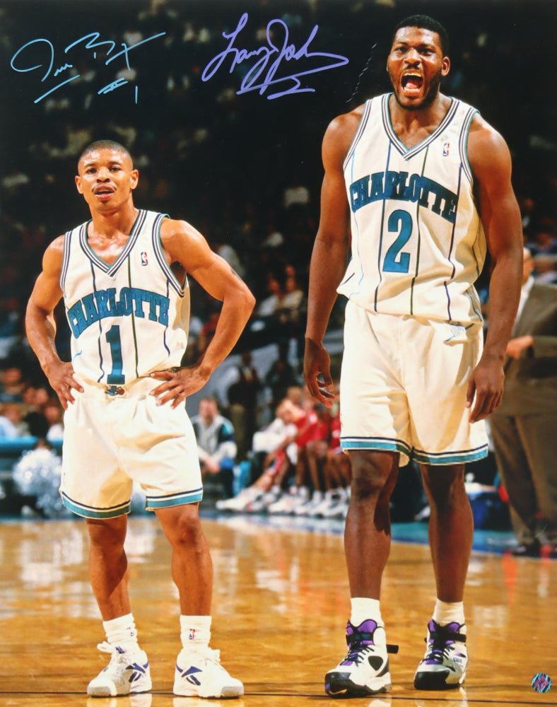 Muggsy Bogues & Larry Johnson Signed Hornets 16x20 Photo (AWM) Charlotte Hornets