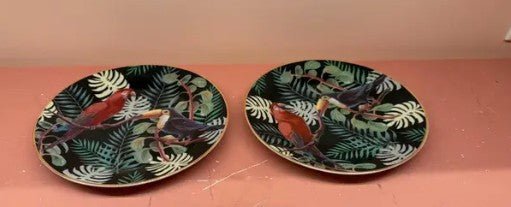 RARE FANCY HOME COLLECTION DESSERT PLATES, TOUCAN  SET OF 2